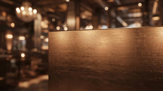 Brushed bronze metal plate mockup with blurred warm restaurant interior background