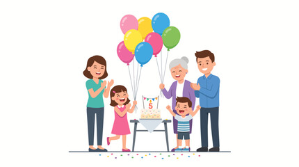 Fototapeta premium Happy Family Celebrates Fifth Birthday with Cake and Balloons
