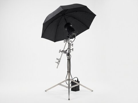 Professional Studio Flash with Black Umbrella on C-stand Isolated on White Background
