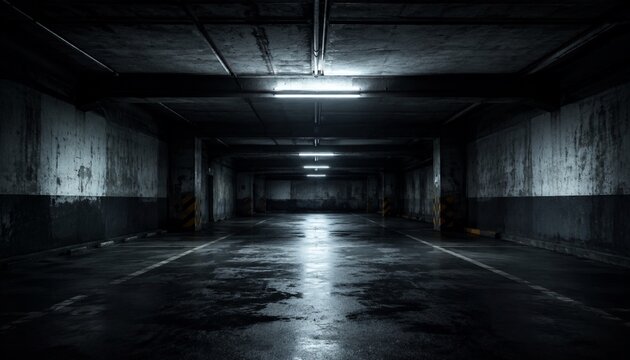 Dark empty underground parking garage with fluorescent lights