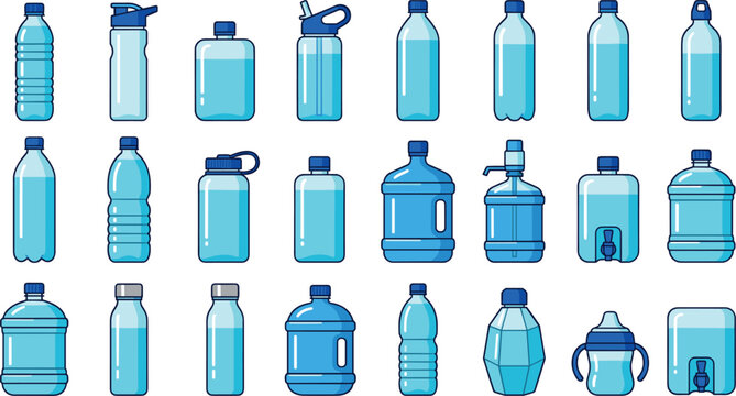 Water Bottle and Beverage Container Vector Icon Set Featuring Sports Flasks, Disposable Plastic Bottles, Large Gallon Jugs, Hand Pump Dispensers, and Toddler Sippy Cups