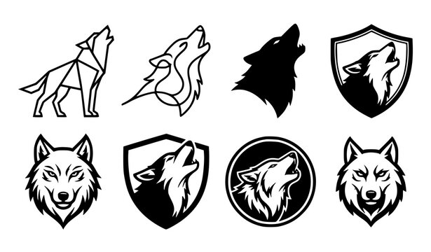 Howling Wolf Vector Logo Icon Set Featuring Geometric Line Art, Silhouettes, and Shield Badges of Wild Animals for Esport Team Branding and Outdoor Apparel