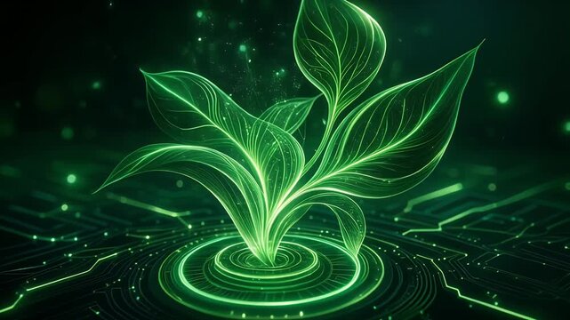 A vibrant glowing green plant sprouts from a futuristic circuit board, symbolizing sustainable technology and environmental innovation.