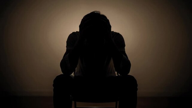 Silhouette of a person sitting with head in hands showing stress and mental health struggle in dark room