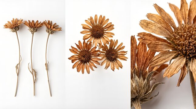 Professional Studio Macro Photography Set of Dried Wildflowers Featuring Three Distinct Angular Perspectives Including Profile Top-Down and Extreme Close-Up Detail Shot on 85mm Lens White Background