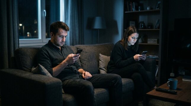 Couple sitting together on couch at night, both absorbed in their own smartphones, ignoring each other, dim blue living room lighting, emotional disconnect concept