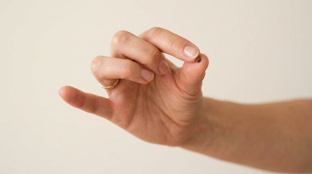 Close-up of female hand making delicate pinch gesture holding tiny unseen object against soft beige background, wearing gold ring, sign language and measurement concept