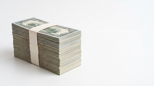 A thick stack of one hundred dollar bills bound by a paper band on a white background