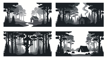 Fototapeta premium Set of monochrome forest landscapes with cabins and camping tents.