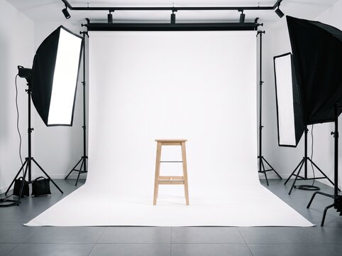 Professional Photo Studio Setup with White Seamless Backdrop and Softbox Lighting