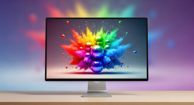 A modern computer monitor sits on a desk displaying a vibrant dynamic artwork of spheres exploding in a spectrum of bright rainbow colors, balls, spectrum, pixel