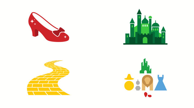 Wizard of Oz icon set featuring ruby slippers yellow brick road and emerald city.