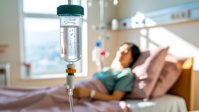 Hospital patient receiving intravenous treatment in a medical room