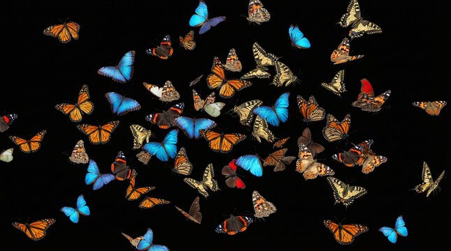 Colorful flying butterflies swarm isolated on solid black background