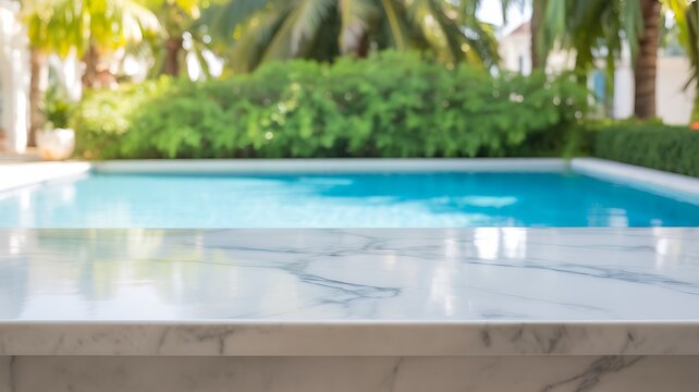 Luxury outdoor swimming pool with tropical garden surroundings