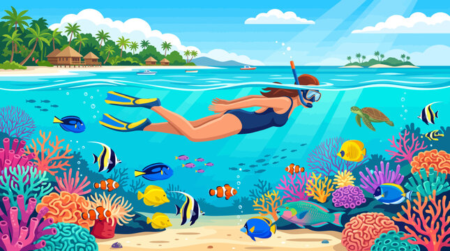 Woman snorkeling over a vibrant coral reef in clear tropical ocean water.
