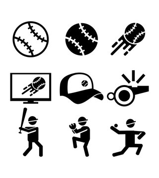 Softball Icons Set Collection &ndash; Baseball Sports Vector Silhouette Symbols, Player Actions, Ball, Cap, Whistle, Monitor, Equipment Pack