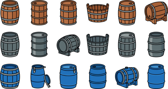Wooden Oak and Metal Barrel Vector Icon Set Featuring Wine Casks, Beer Kegs, Open Wooden Washtubs, and Industrial Blue Storage Drums for Gaming Asset Designs