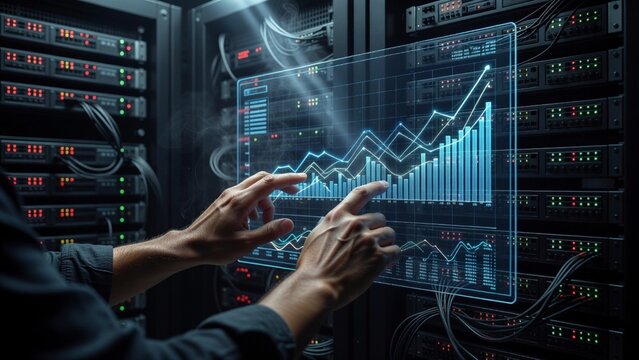 IT technician analyzing glowing holographic data charts and rising bar graphs on transparent touchscreen interface in dark server room with colorful LED indicator lights on rack mounted hardware