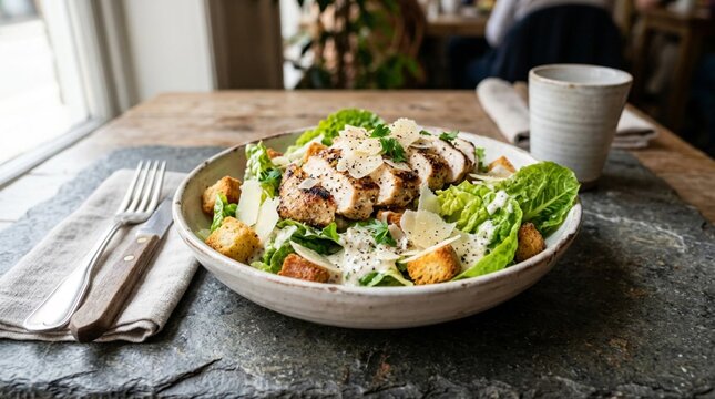 Caesar salad with grilled chicken breast on grey slate table, fresh romaine lettuce leaves, golden croutons, Parmesan shavings, creamy dressing, fork and ceramic cup on linen napkin, restaurant