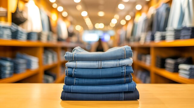 Folded denim jeans displayed on retail clothing store shelf