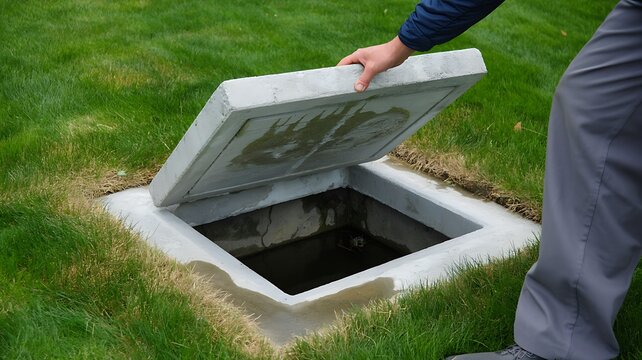 Person opening underground utility access cover in a grassy area