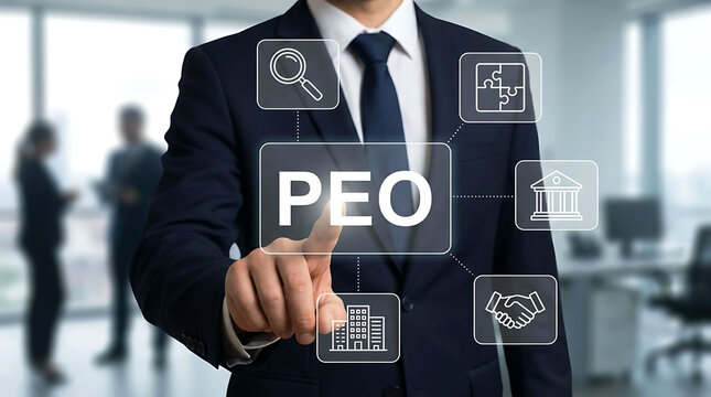 Businessman pointing at PEO professional employer organization virtual icons