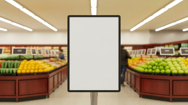 Blank advertising sign in supermarket with fresh produce background