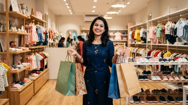 Smiling young Indian woman in navy blue traditional kurta dress holding colorful paper shopping bags inside bright modern clothing boutique with children apparel and footwear displays on wooden