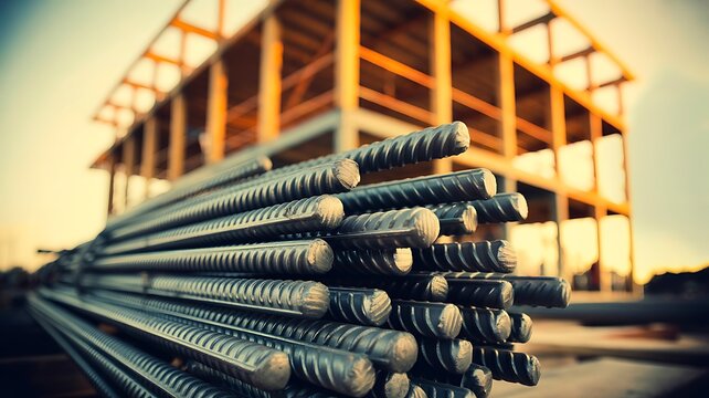 Steel reinforcement bars at active construction site with building framework