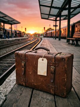 Vintage suitcase on train station platform at sunset with empty tag