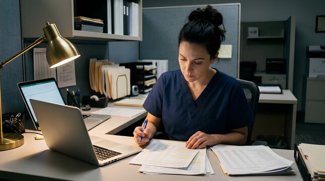Female medical biller in navy scrubs working at desk, handwritten notes, printed coding reports, and open laptop in moody office