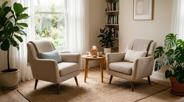 Serene counseling office interior with two empty beige upholstered armchairs facing each other, small wooden side table, potted plants, bookshelf, and natural light