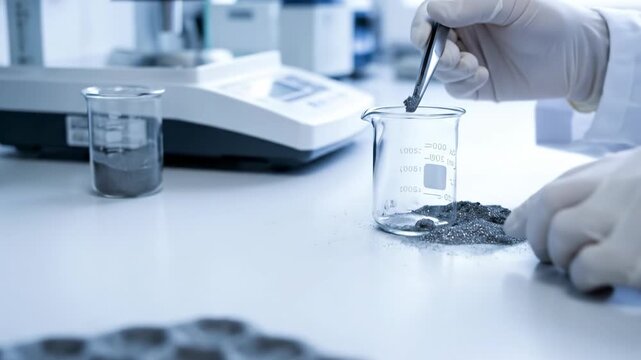 Battery Production Design Lab Metal Powder Gloved Hand Research Technology Hexagon Pattern Laboratory Material Focused Work