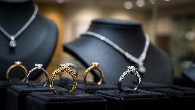 Luxury jewelry display featuring elegant rings and necklaces in showroom
