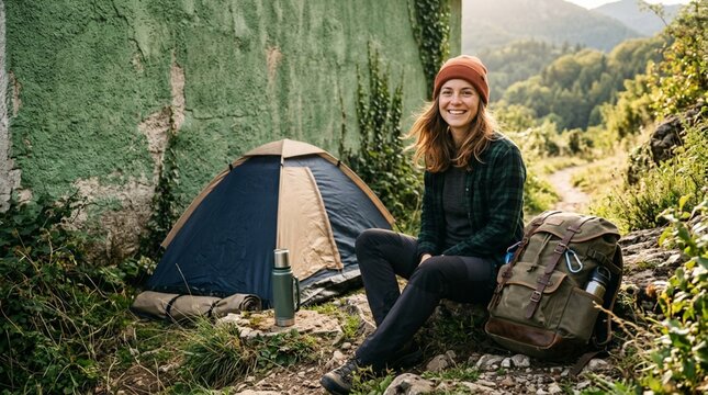Smiling young woman camper resting beside a small blue tent near a mossy green wall with a backpack and thermos during a sunny outdoor hiking adventure trip