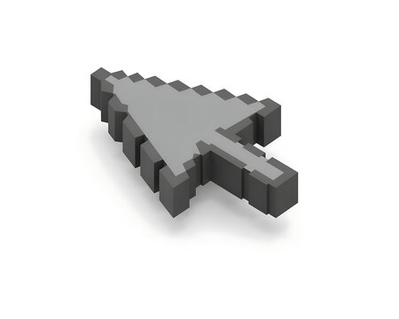Minimalist 3D isometric pixel art mouse cursor arrow pointer with three dimensional isometric computer interface navigation technology selection computing software abstract