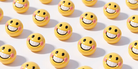 Fototapeta premium A collection of identical cartoon smiling figures forming a repeating pattern of cheerful, plastic emojis with pink blush, on a white background.