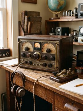 Vintage radio equipment with headphones and Morse code key on wooden desk