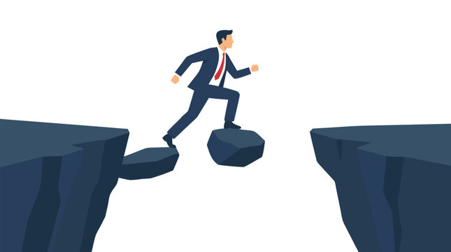 Businessman in suit leaping across rocky chasm gap between two cliffs, vector illustration on white background depicting risk, challenge, and career breakthrough concept