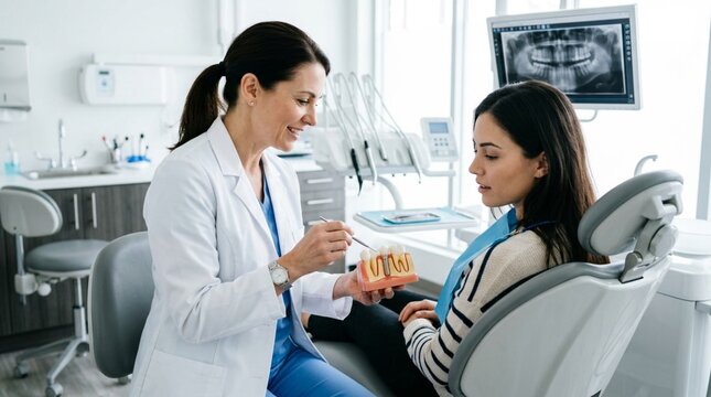 Female dentist in white coat explaining dental anatomy using a teeth model to attentive young female patient seated in modern dental clinic with panoramic x-ray display