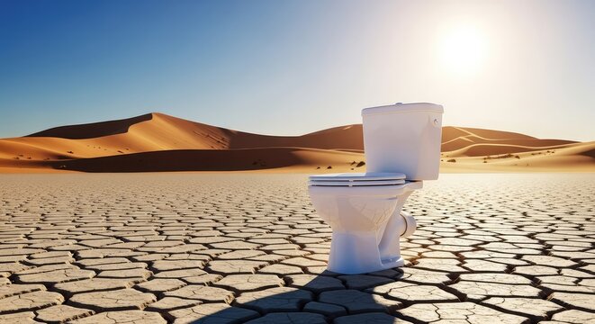 An isolated white porcelain toilet sits on a parched desert floor with cracked earth and distant dunes under a bright scorching sun, sun, dry, environment