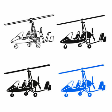Autogyro icon set in line art and silhouette styles isolated on white background, gyroplane vector illustration for aviation transport design