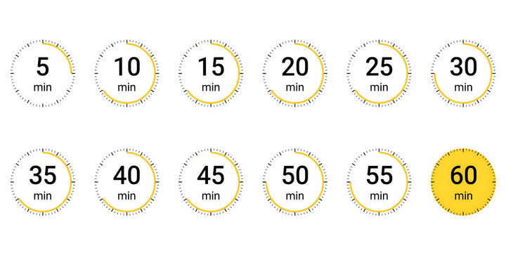 Set of circular time interval icons ranging from 5 to 60 minutes with interval progress measurement duration schedule planning management business deadline interface countdown productivity