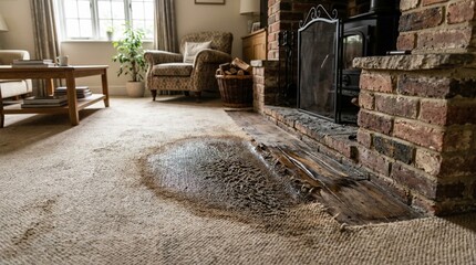 Obraz premium Living room carpet with dark water stain near brick fireplace, damp fibers clumping on warped wooden floorboards, cozy interior damage