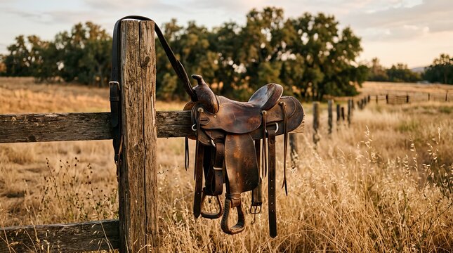 Rustic weathered leather saddle hanging by strap from wooden fence post in dry countryside with golden grass and trees at sunset