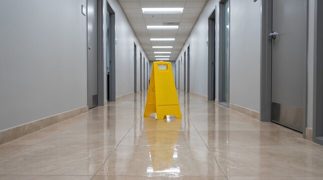 Bright yellow plastic wet floor caution sign standing alone in the middle of a polished empty office hallway corridor with glossy reflective floor, closed doors, and bright overhead lighting