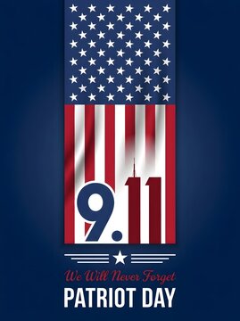 Vertical Patriot Day background illustration with hanging US flag, red twin towers silhouette, stars, and We Will Never Forget text.