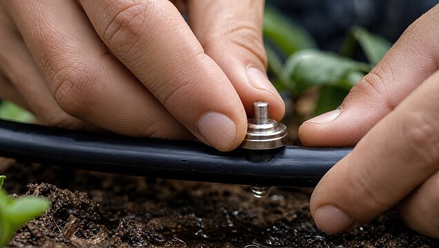 Close-up of hands installing a micro drip irrigation emitter into a watering pipe for efficient agricultural plant hydration and garden care