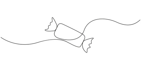 Obraz premium Candy vector illustration in continuous line art style for sweet food branding. Minimalist continuous line drawing of wrapped candy for confectionery and dessert packaging.